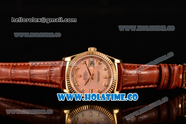 Rolex Day-Date Asia 2813/Swiss ETA 2836/Clone Rolex 3135 Automatic Yellow Gold Case with Diamonds Markers and Pink MOP Dial (BP) - Click Image to Close